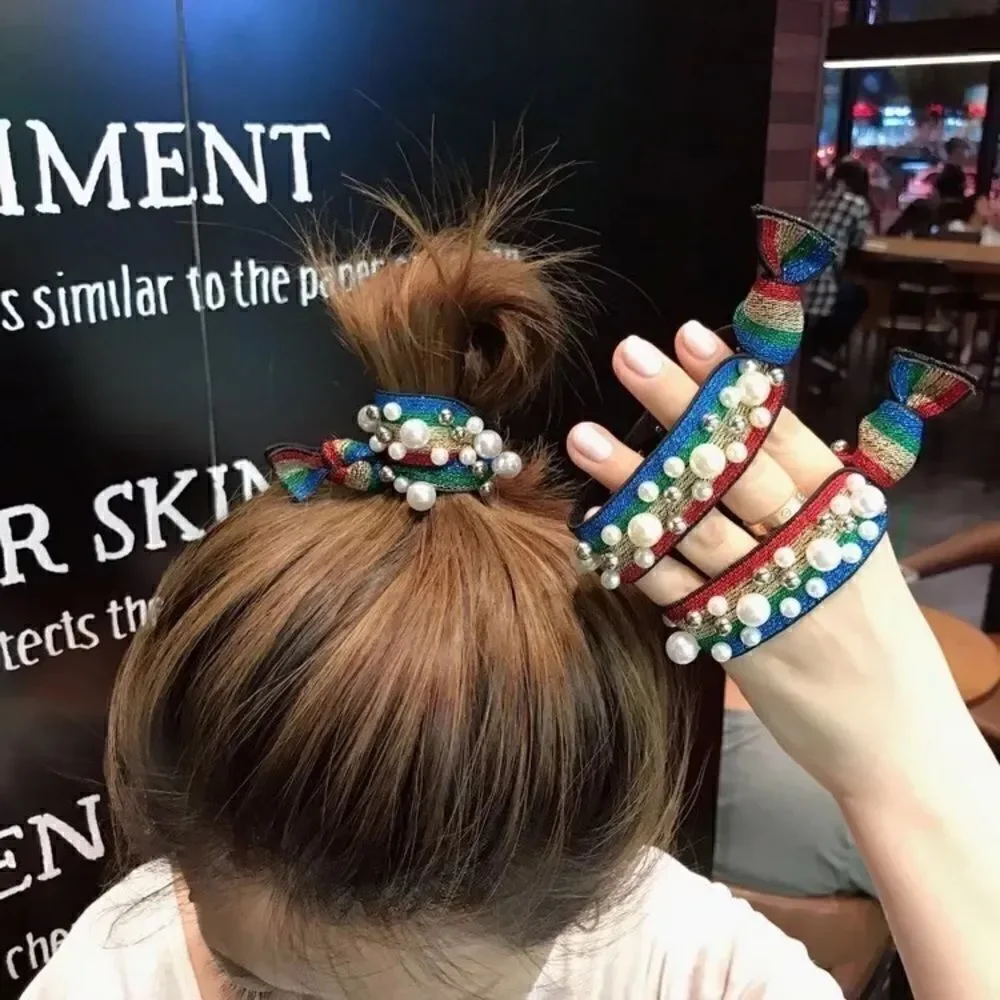 Metallic Rainbow Pearl Bead Hair Elastic Tie